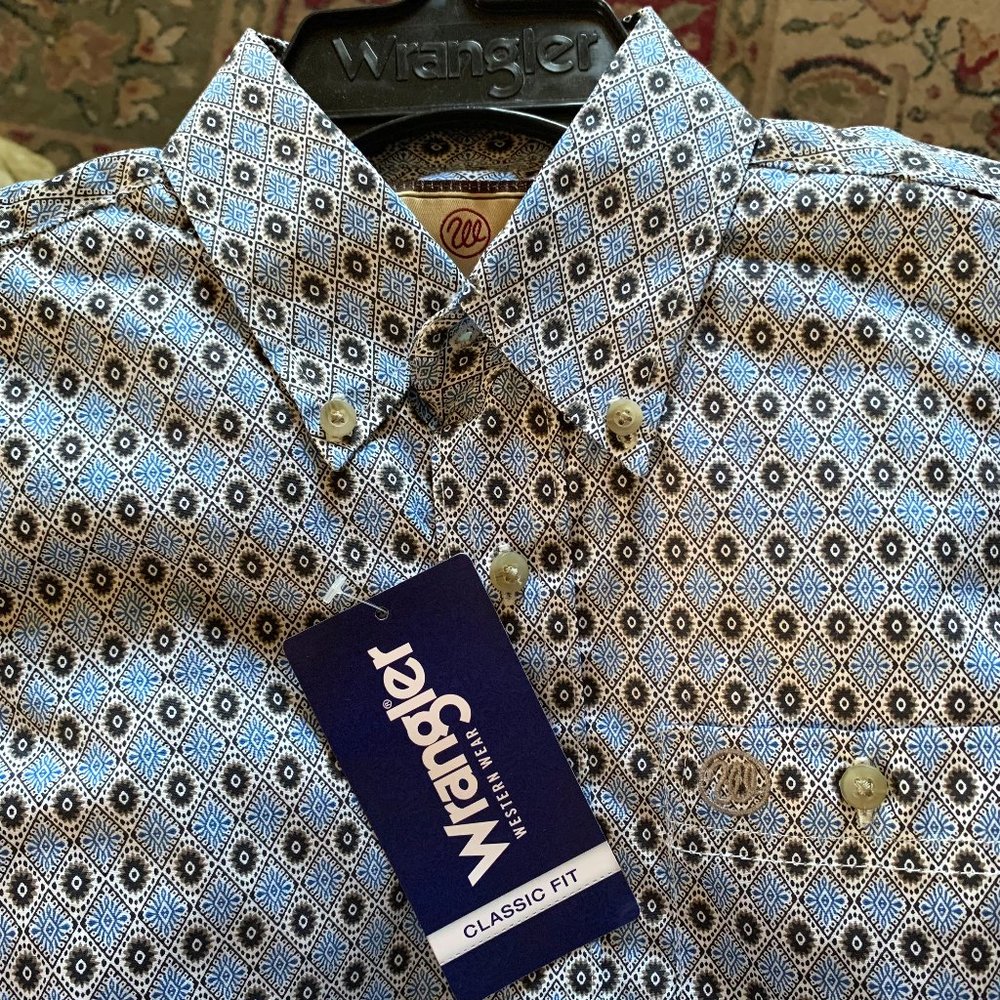 Wrangler Boys' Blue Sun Print Long Sleeve Western Shirt; Medium